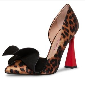 Betsey Johnson Leopard Print Pointed Toe Pumps with Black Bow and Red Heel